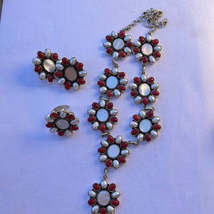 Handmade Sterling Silver Pearl & Natural Coral Necklace 3 Piece Set Set Signed Nizhoni