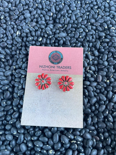 *AUTHENTIC* STERLING SILVER & CORAL CLUSTER STUD EARRINGS