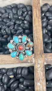 Handmade Sterling Silver, Turquoise and Coral Cluster Adjustable Ring Signed Nizhoni