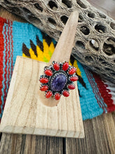Load image into Gallery viewer, Handmade Sterling Silver, Charoite &amp; Coral Cluster Adjustable Ring