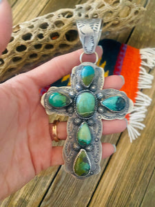 *AUTHENTIC* Beautiful Navajo Multi Turquoise and Sterling Silver Cross Pendant