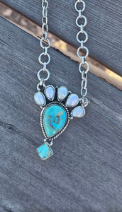 Handmade Sterling Silver, Mother of Pearl & Turquoise Cluster Necklace Signed Nizhoni