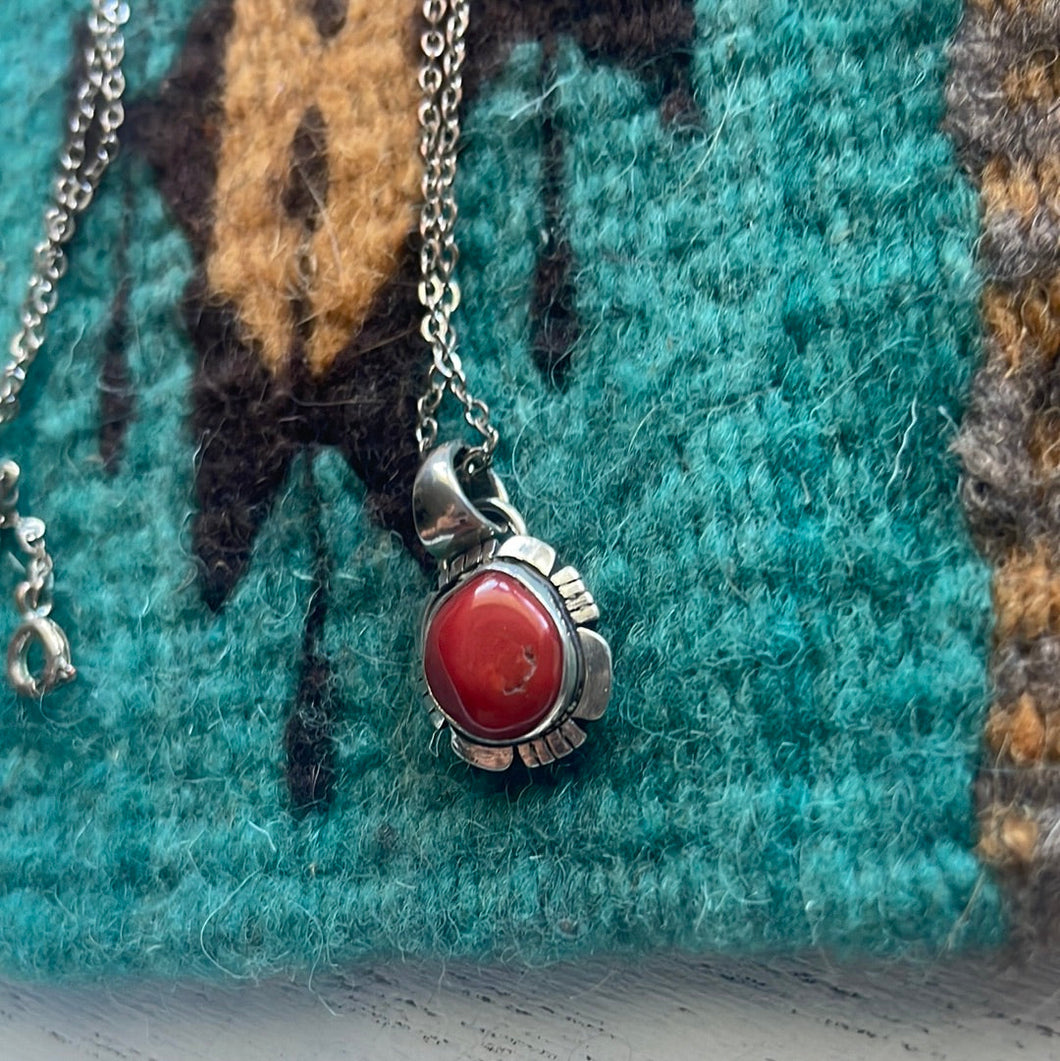 Navajo Natural Red Coral & Sterling Silver Pendant Signed