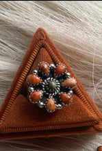 Load image into Gallery viewer, Handmade Sterling Silver, Orange Spiny &amp; Turquoise Cluster Adjustable Ring Signed Nizhoni