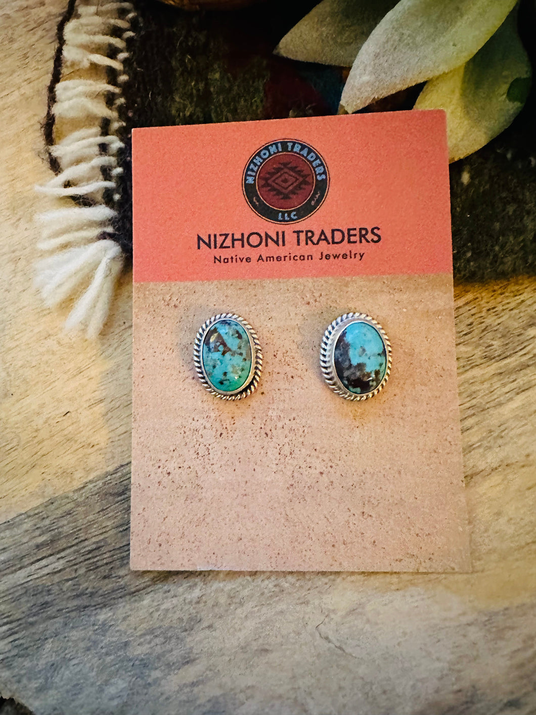 Navajo Kingman Turquoise  Sterling Silver Stud Earrings Signed