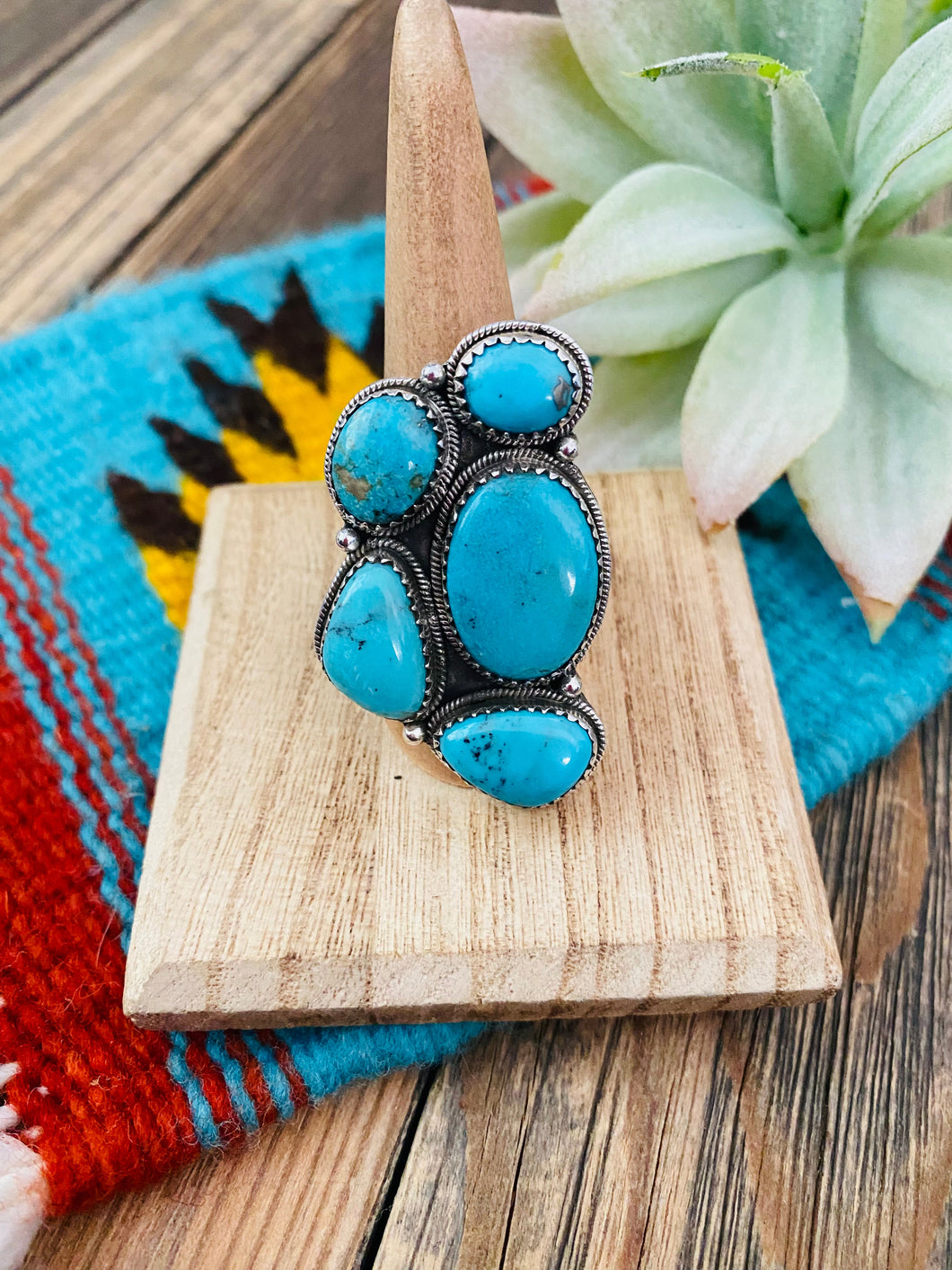 Handmade Sterling Silver & Turquoise Cluster Adjustable Ring