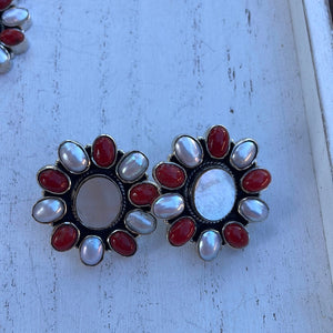 Handmade Sterling Silver Pearl & Natural Coral Necklace 3 Piece Set Set Signed Nizhoni