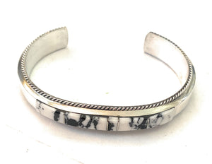 Navajo White Buffalo & Sterling Silver Inlay Cuff Bracelet