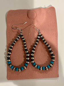 Stunning Navajo Turquoise & Sterling Silver Navajo Pearl Dangle Hoop Earrings