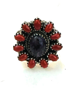Handmade Sterling Silver, Charoite & Coral Cluster Adjustable Ring