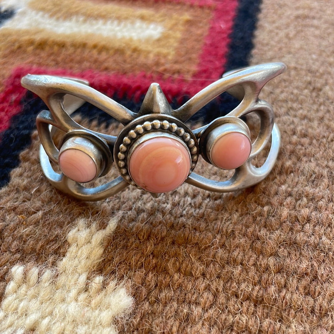 Navajo 3 Stone Queen Pink Conch Shell & Sterling Silver Cuff