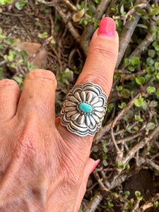 Beautiful Concho Handmade Turquoise And Sterling Silver Adjustable Ring