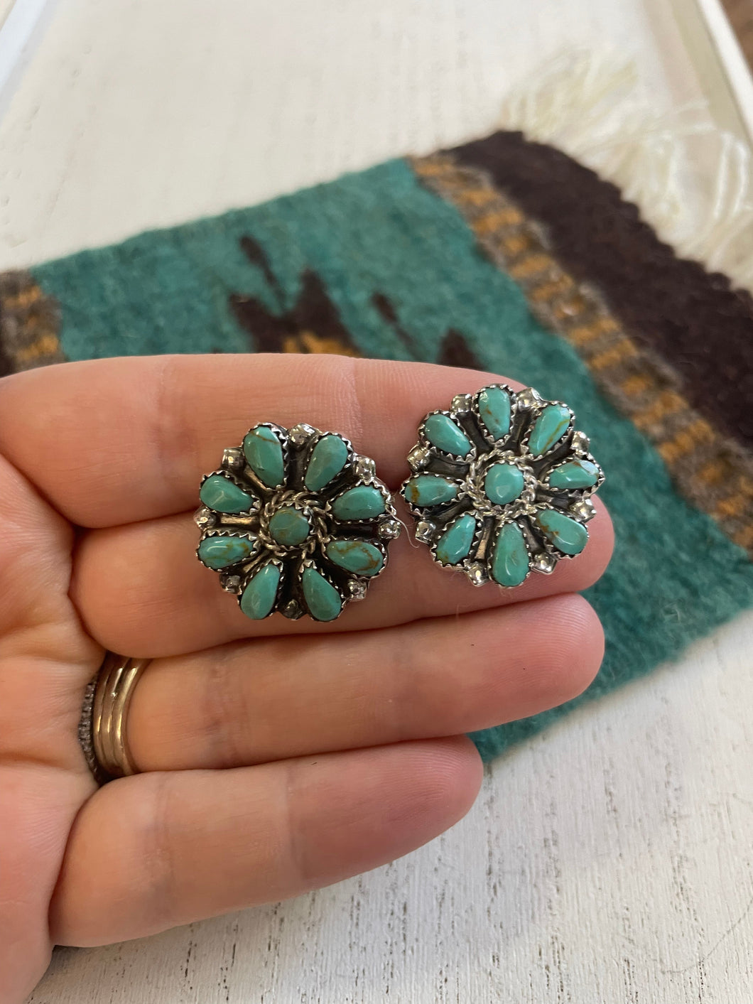 “The Sonoita” Navajo Sterling Silver & Turquoise Cluster Stud Earrings 1”