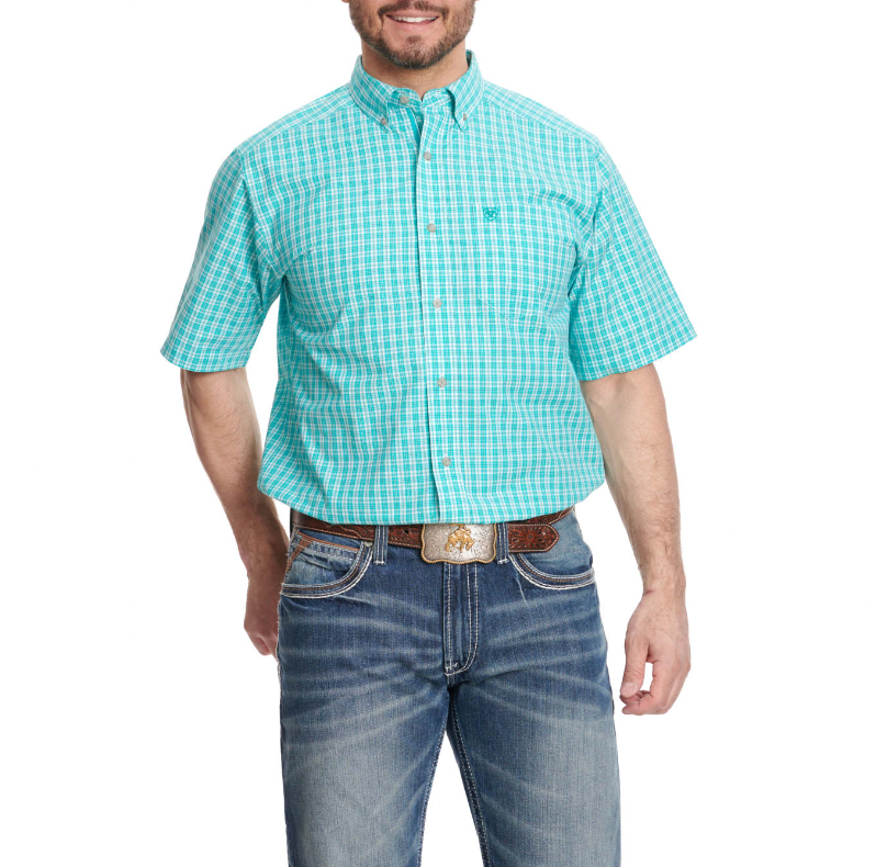 SALE ARIAT Men's Pro Series Jensen Turquoise & White Plaid Short Sleev ...