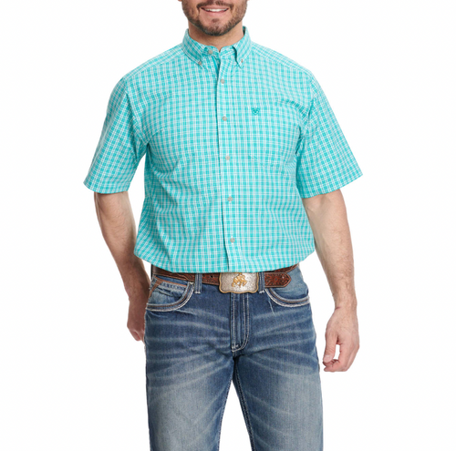 ARIAT Men's Pro Series Jensen Turquoise & White Plaid Short Sleeve Western Shirt