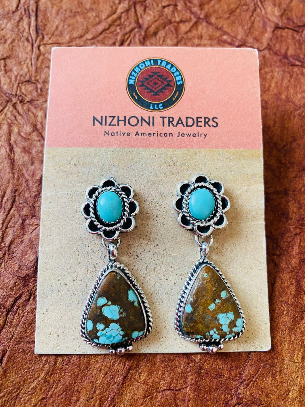 Navajo Number 8 Turquoise & Sterling Silver Flower Dangle Earrings