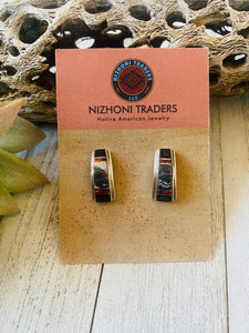 Navajo Multi Stone & Sterling Silver Inlay Dangle Earrings Signed