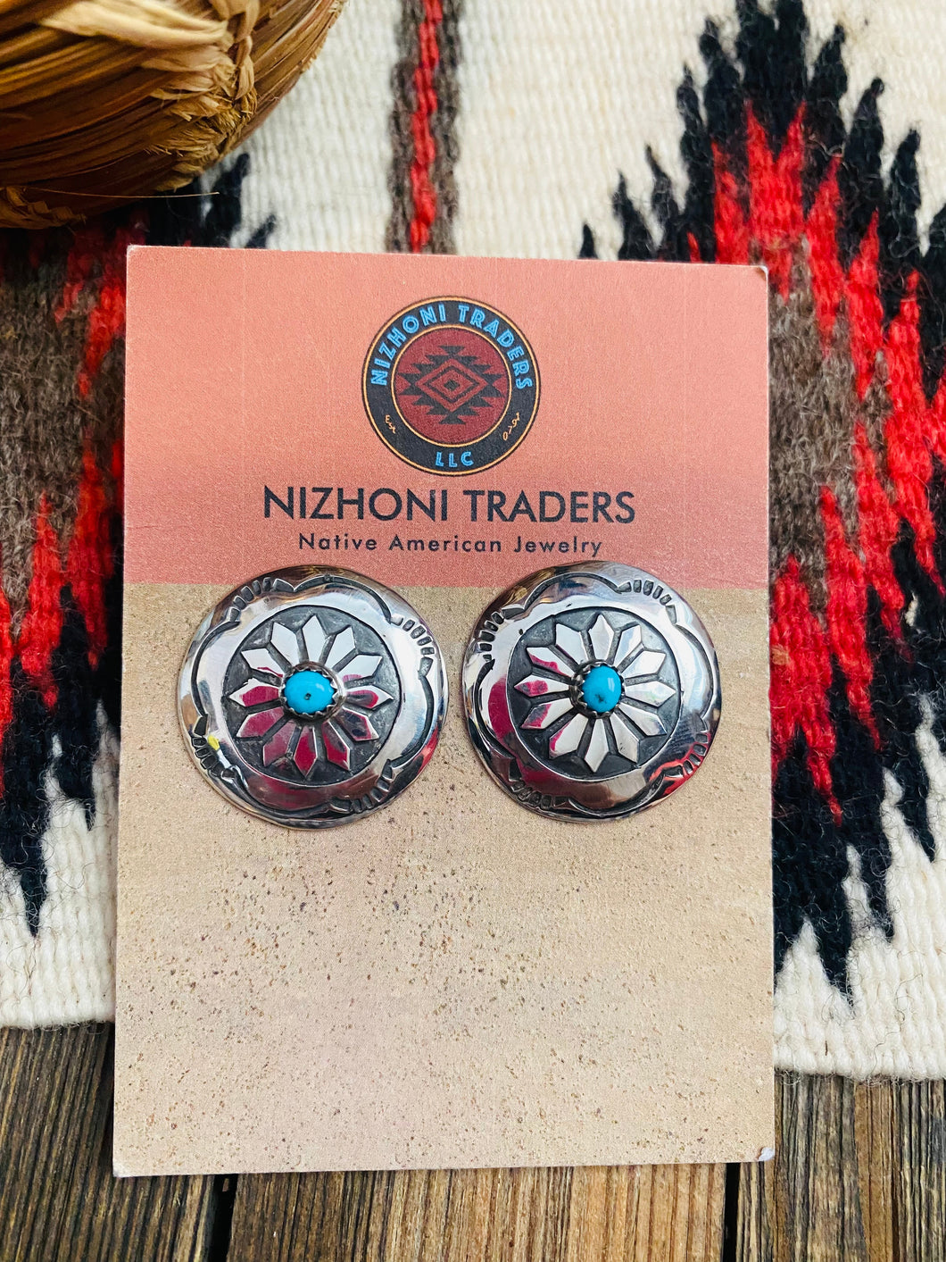 Navajo Turquoise & Hand Stamped Sterling Silver Concho Post Earrings