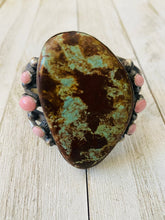 Load image into Gallery viewer, Navajo Turquoise, Queen Pink Conch Shell &amp; Sterling Silver Cuff Bracelet By Chimney Butte