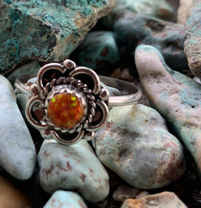 Zuni Sterling Silver & Orange Opal Flower Ring