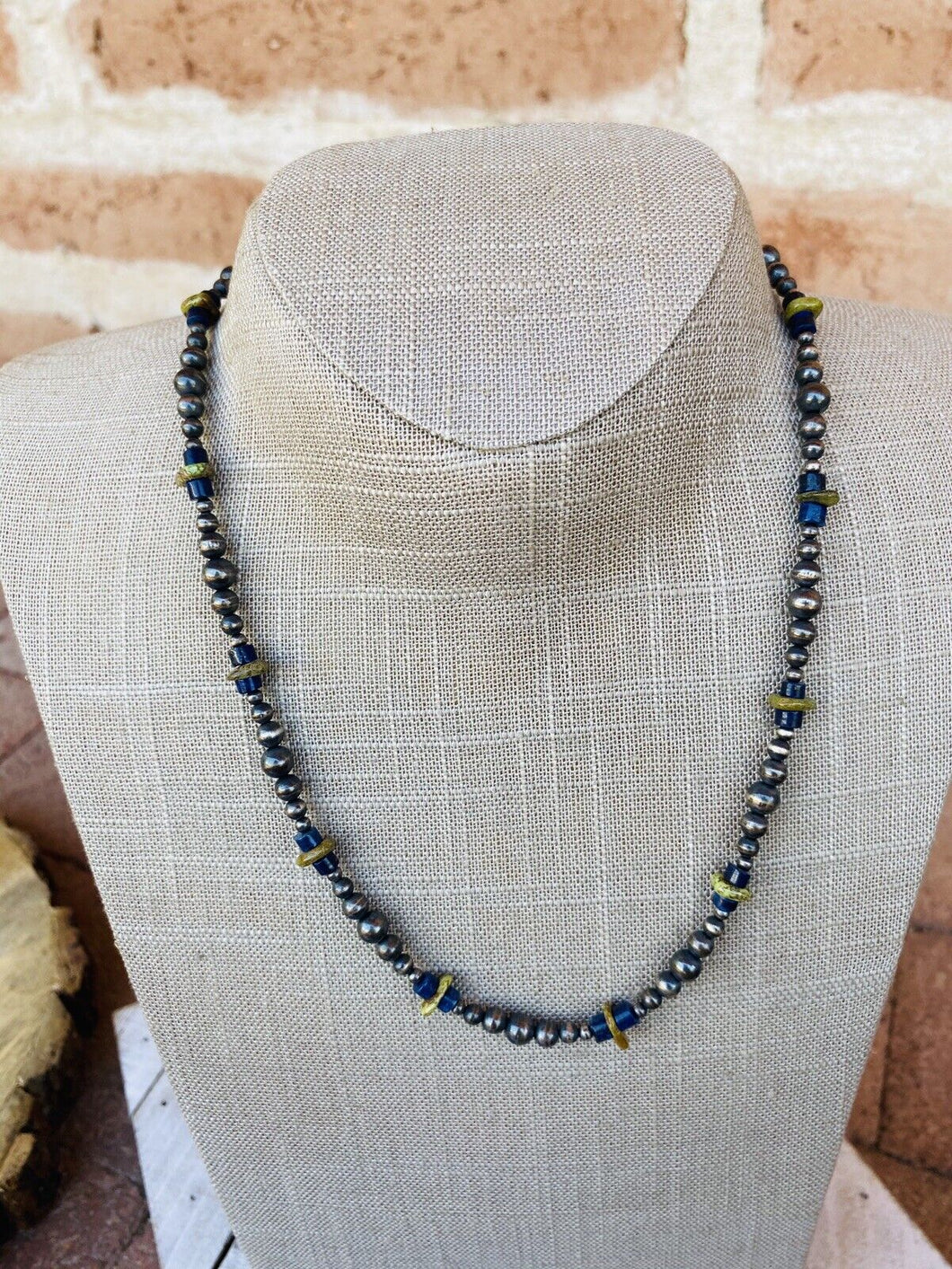 Navajo Lapis, Gaspeite And Sterling Silver Navajo Pearl Beaded Necklace