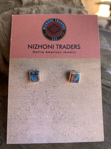 Navajo Pink Dream Mojave  Sterling Silver Square Stud Earrings