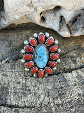 Load image into Gallery viewer, Navajo Sterling Silver Kingman Web Turquoise &amp; Red Coral Taos Ring Sz 7.5