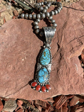 Load image into Gallery viewer, Navajo Sterling Kingman Web Turquoise &amp; Red Coral Taos Pendant Danny Clark