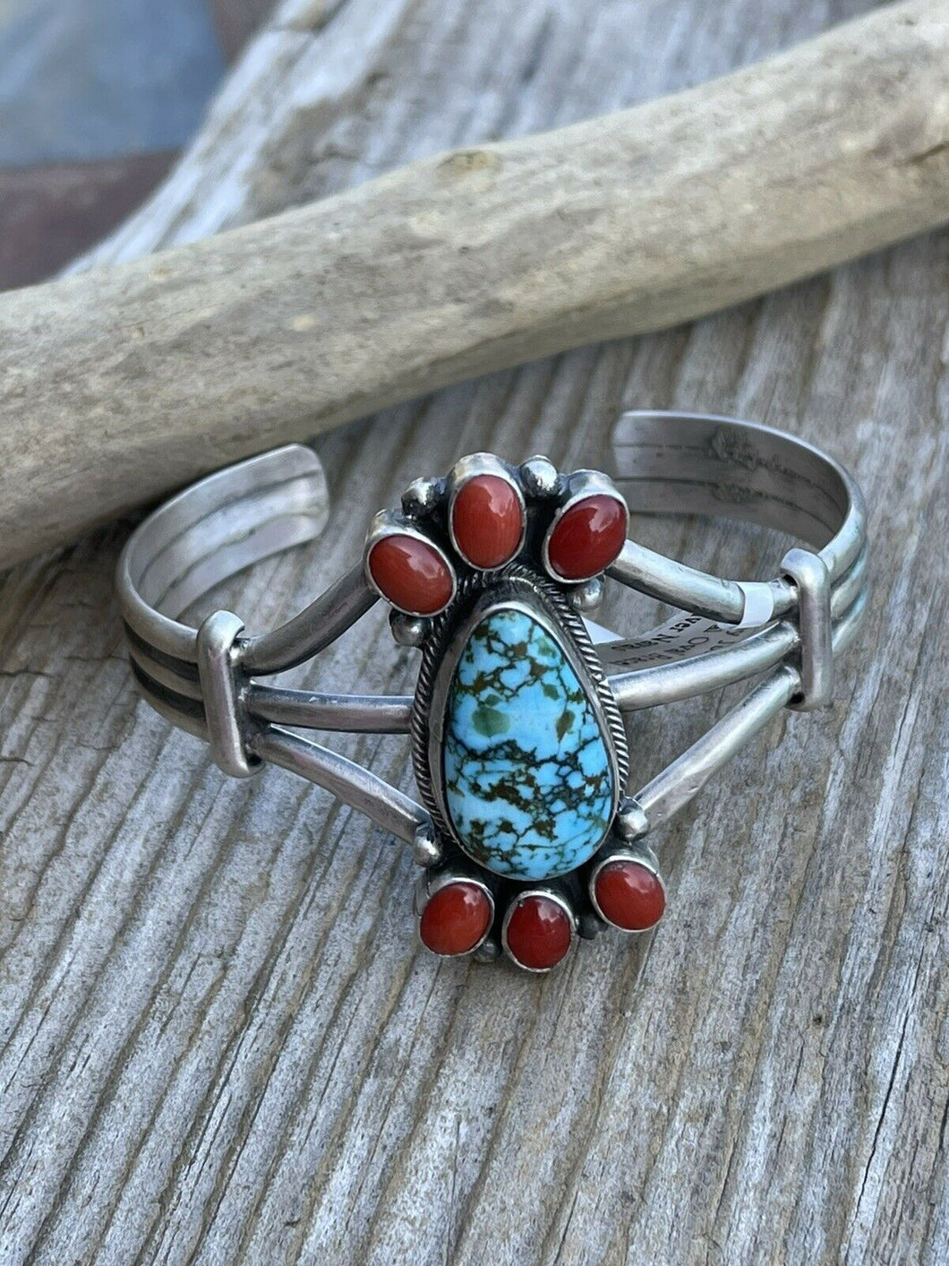 Navajo Sterling Kingman Web Turquoise & Red Coral Taos Bracelet Cuff Johnson