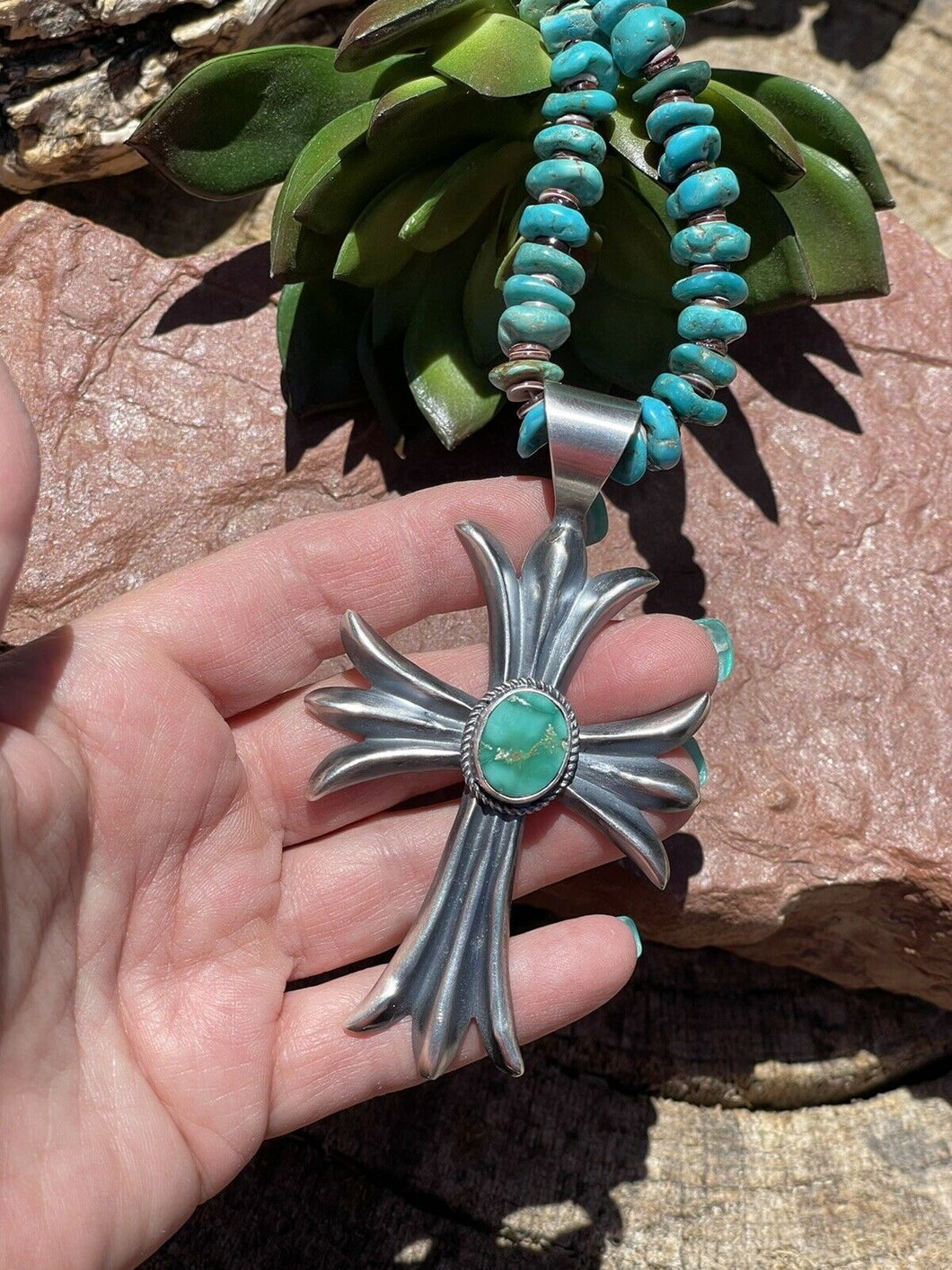 Navajo Turquoise & Sterling Silver Southwest Cross Pendant Signed