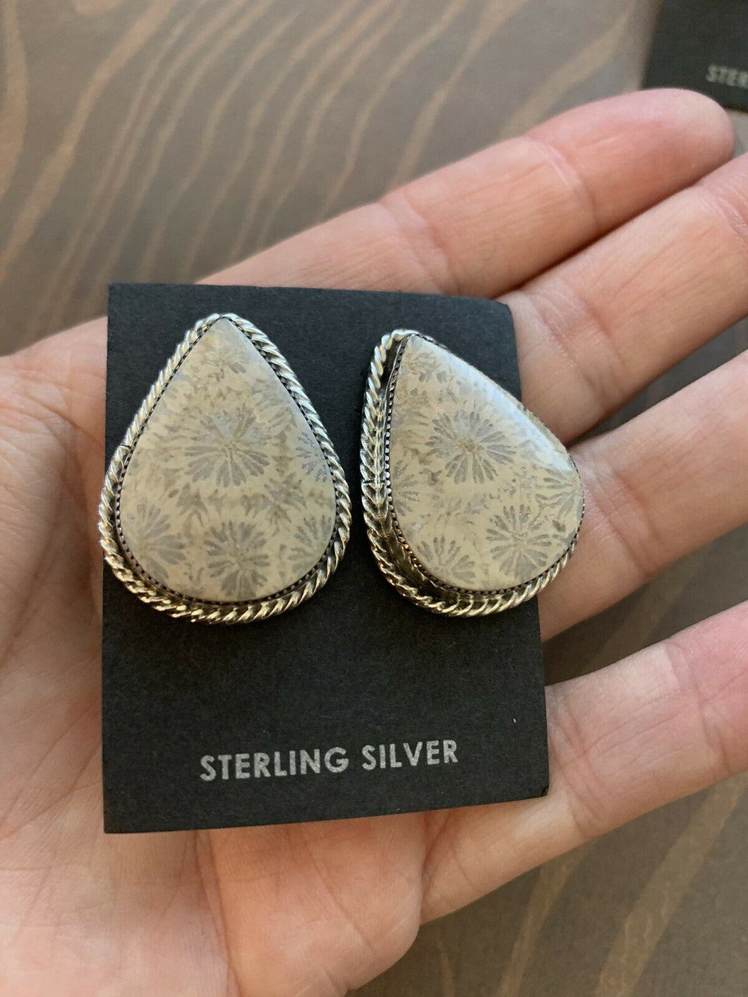 Navajo Fossilized Coral & Sterling Silver Jumbo Tear Drop Studs