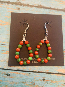 Navajo Turquoise, Coral And Sterling Silver Beaded Dangle Earrings