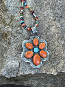 Navajo Sterling Silver Turquoise & Orange Spiny Flower Pendant Signed