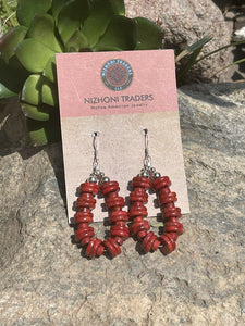 Navajo Sterling Silver Double Bead Apple Coral Dangle Hoop Earrings