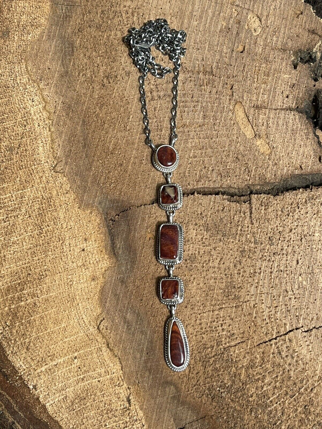 Stunning Navajo Purple Spiny and Sterling 5 Stone Multi Shape Lariat Necklace