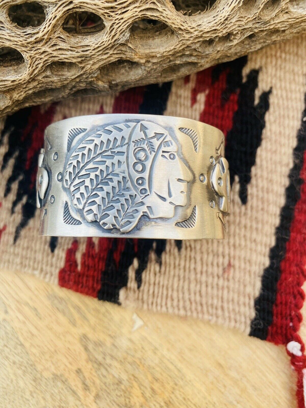 Navajo Sterling Silver Hand Stamped Native American Chief Cuff Bracelet