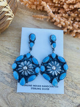 Load image into Gallery viewer, Navajo Morenci Turquoise &amp; Sterling Silver Cluster Dangle Earrings Signed