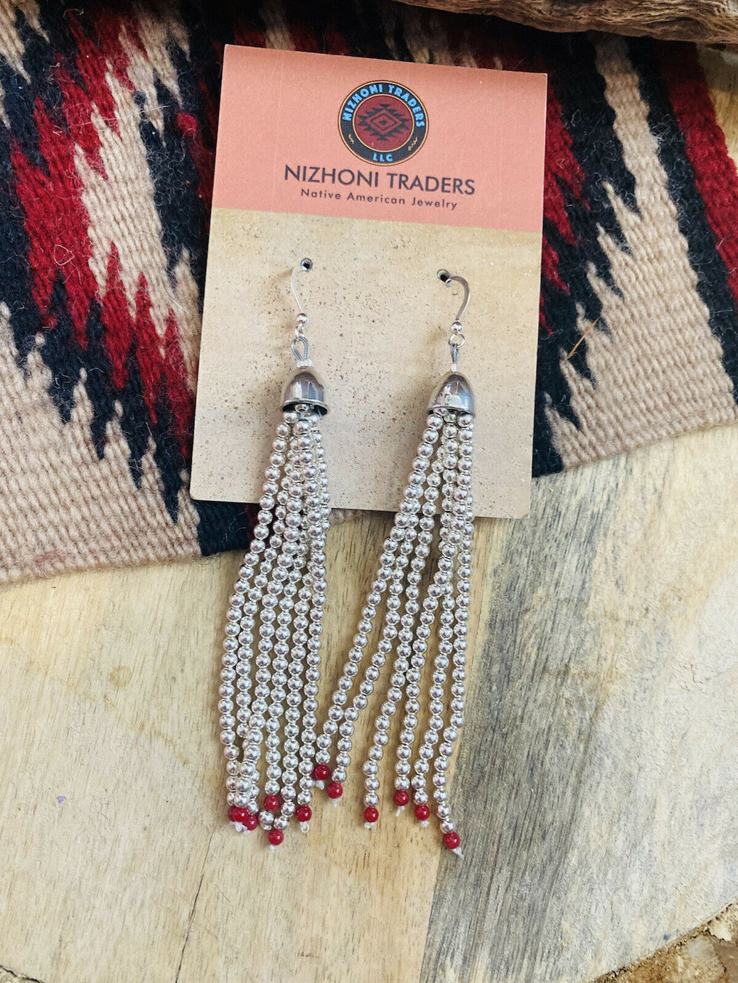 Navajo Coral & Sterling Silver Beaded Tassel Dangle Earrings