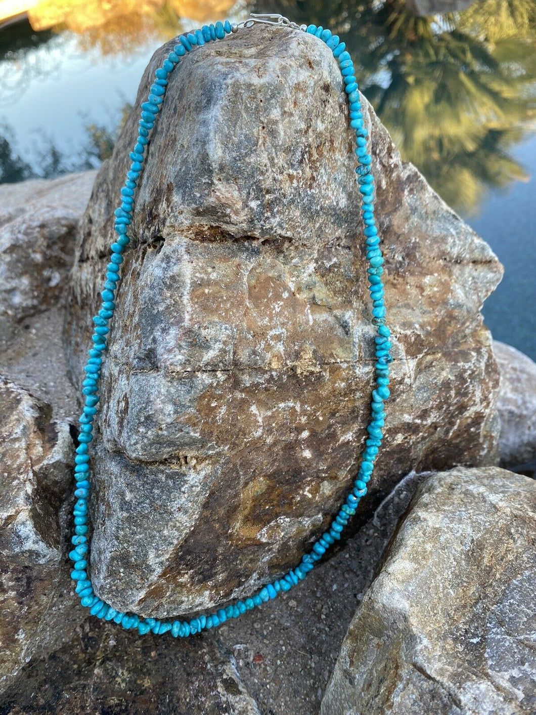 Navajo Natural Sleeping Beauty Turquoise & Sterling Silver Beaded Necklace 24”