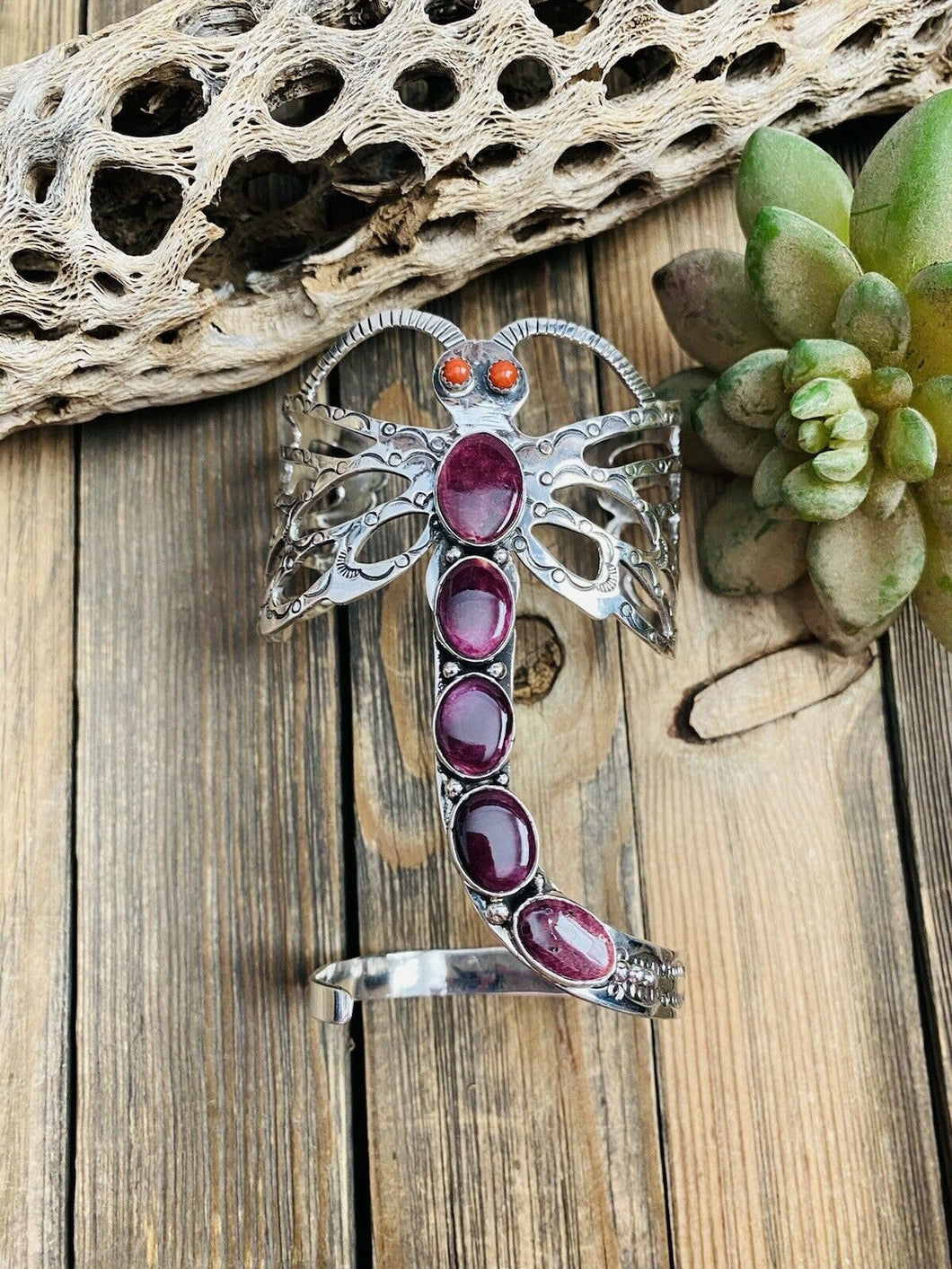 Navajo Sterling Silver & Spiny Dragonfly Cuff Bracelet By Russell Sam
