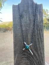 Load image into Gallery viewer, Navajo Sonoran Mountain Turquoise &amp; Sterling Silver Cross Necklace Signed