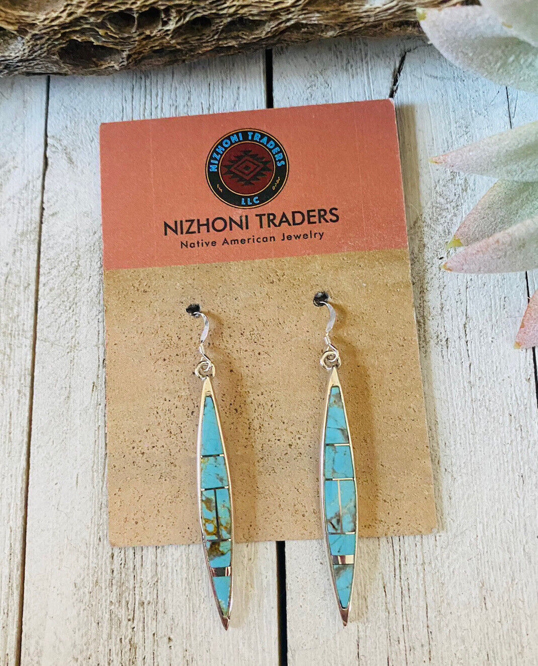 Navajo Number 8 Turquoise And Sterling Silver Inlay Dangle Earrings