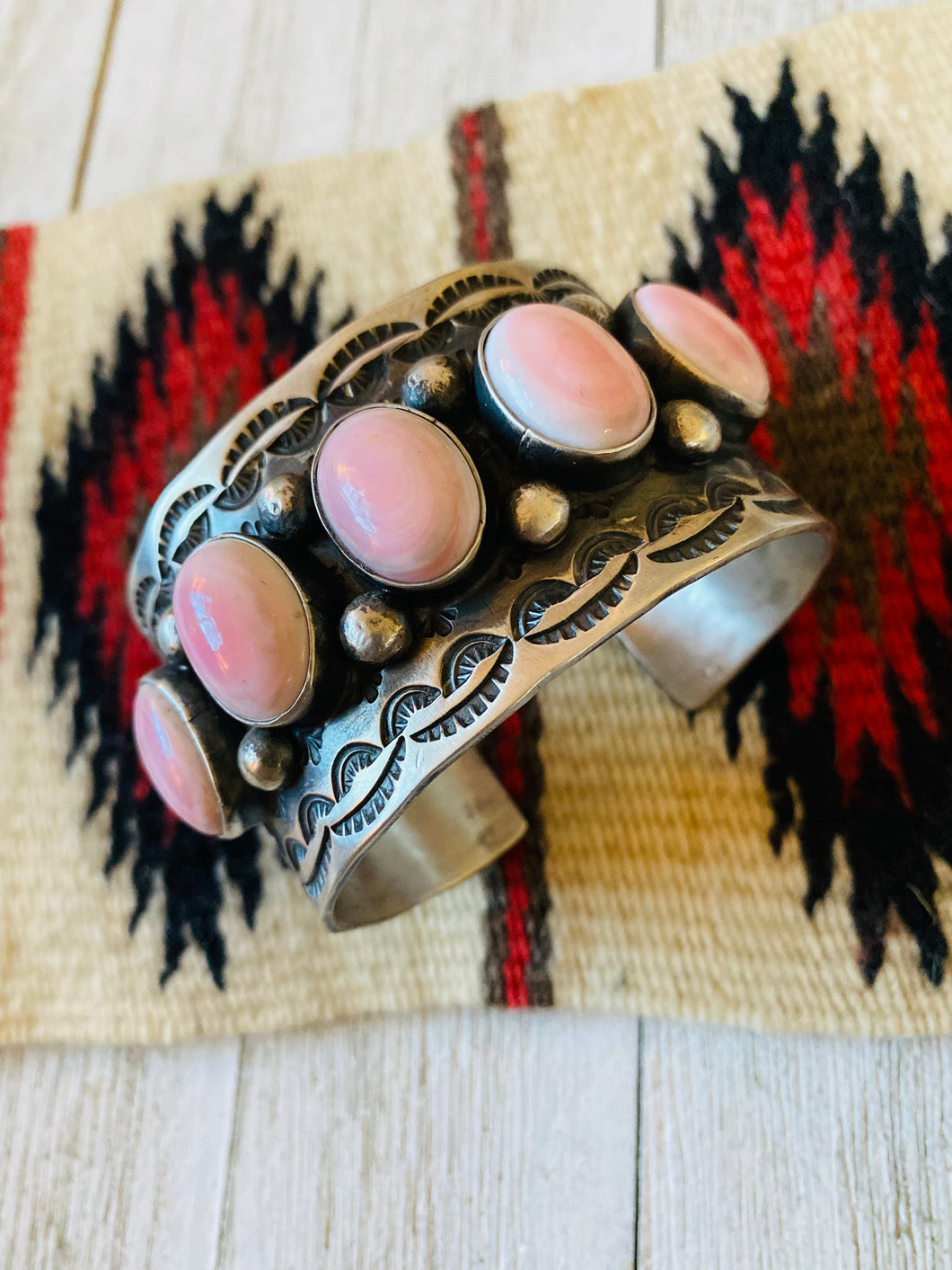 Navajo Queen Pink Conch Shell & Sterling Silver Cuff Bracelet Signed
