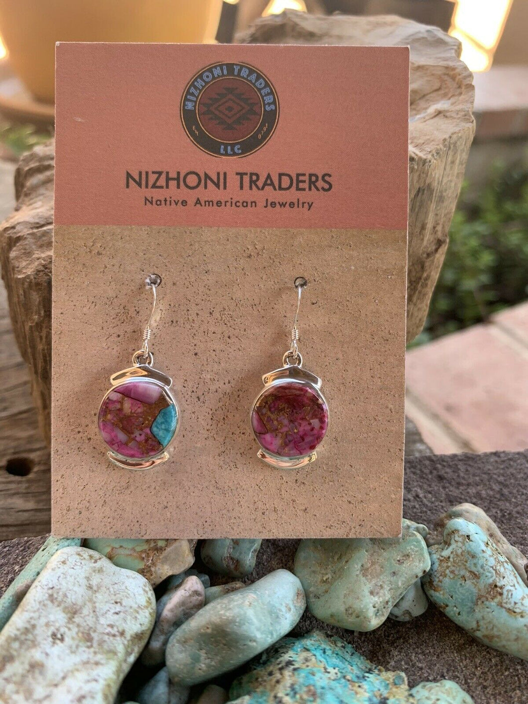 Navajo Pink Dream Mohave  Sterling Silver Circle Dangle Earrings