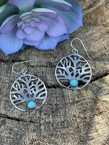 Navajo Sterling Silver Turquoise Tree Of Life Dangle Earrings