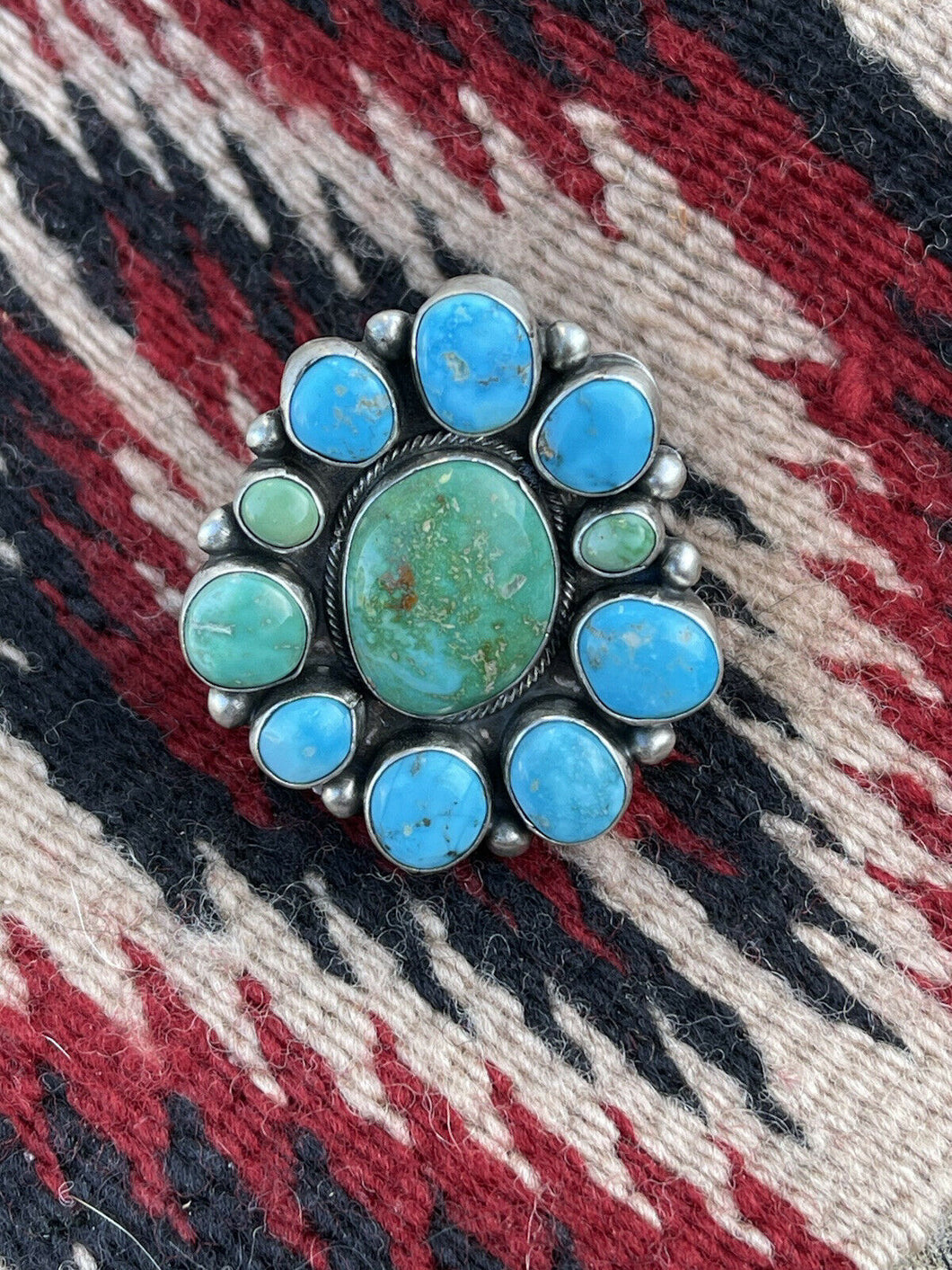 Navajo Sterling Sonoran Gold And Golden Hills Turquoise Cluster Ring Size 9