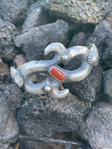 Navajo Natural Red Coral Sterling Silver Cuff By Artist Chimney Butte
