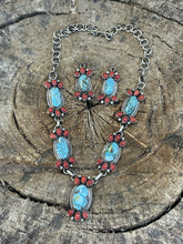 Load image into Gallery viewer, Navajo Sterling Kingman Turquoise Natural Red Coral Necklace Set Taos Collection