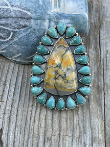 Navajo Sterling Bumblebee Jasper  and Turquoise Stone Ring Sz 9.5