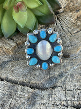 Load image into Gallery viewer, Navajo Cluster Turquoise &amp; Mother Of Pearl Sterling Silver Ring Sz Is Adjustable
